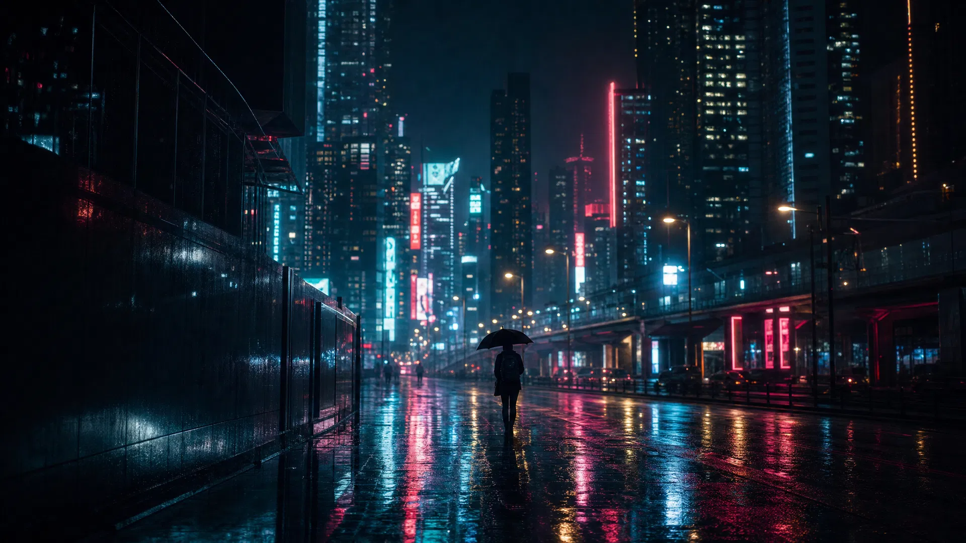 赛博朋克雨夜城市街区