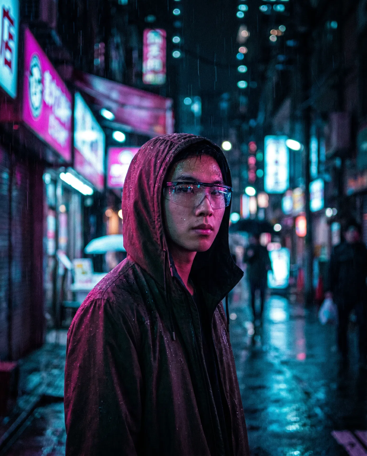 霓虹雨夜下青品紫高对比的城市人物肖像